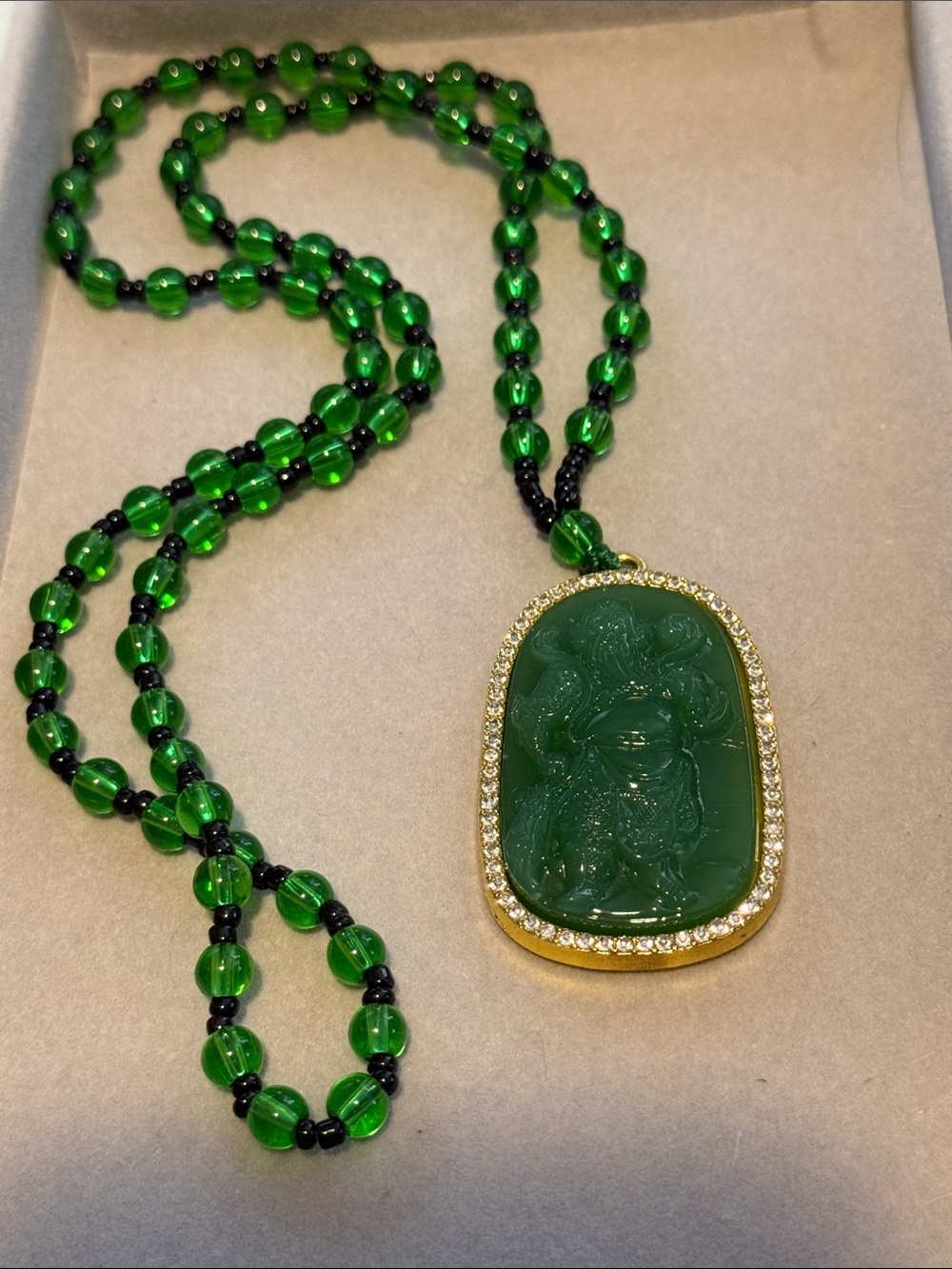 Green Jade Carved Buddha Sweater Chain Pendant Necklace with Crystal Halo